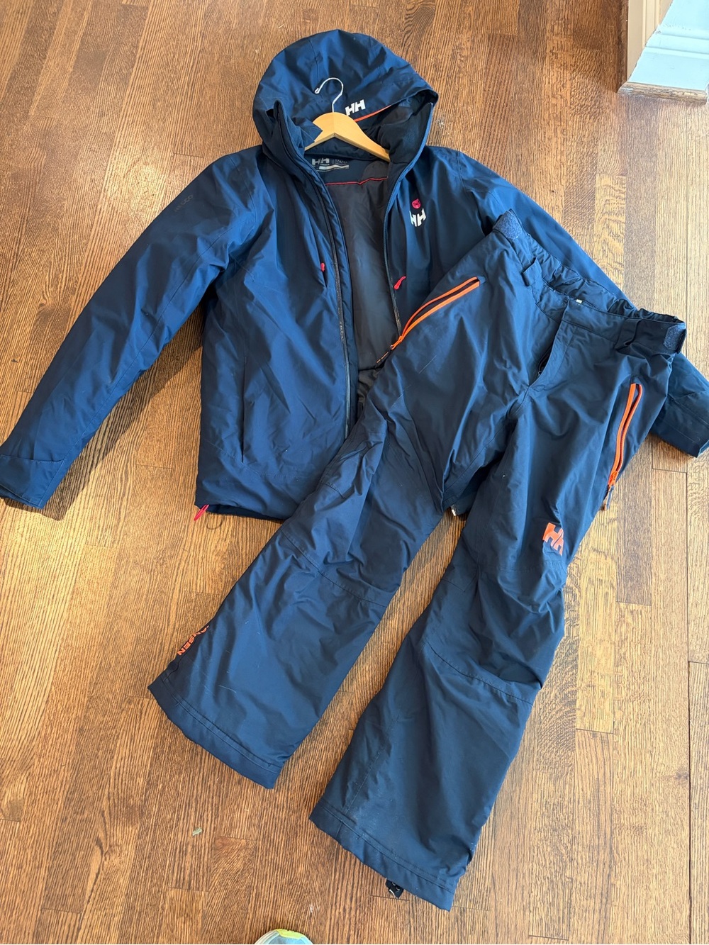 Helly Hansen Navy Blue Ski Jacket and Pants with Orange Accents